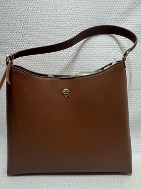 Tommy Hilfiger Women's Brown Leather Shoulder Bag with Gold Logo Accent